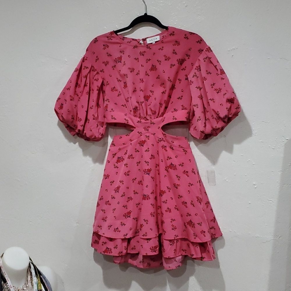 Acoa Hot Pink Floral Dress with Cut Out Hips, Slit Back & Big Puff Sleeves